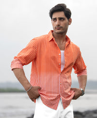 Orange Spray Checks Shirt 100% Cotton