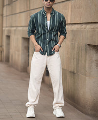 Dark Green Stripped Button Down Shirt 100% Cotton
