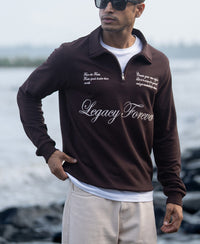 Brown Embroidered Quarter Zip T-Shirt