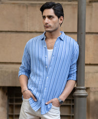 Blue Double Cloth Striped Shirt 100% Cotton
