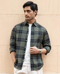 Olive Structured Checks Shirt 100% Cotton