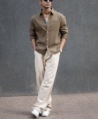 Dark Beige Printed Applique Shirt 100% Cotton