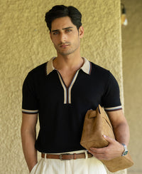 Black Contrast Collar Knit T-Shirt 100% Cotton