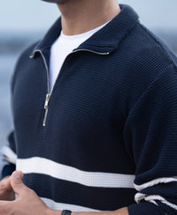 Navy Striped Zipper Neck T-Shirt 100% Cotton
