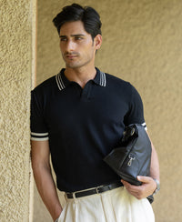 Black Knitted Polo T-Shirt 100% Cotton