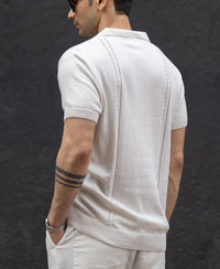 White Structured Knit Zipper T-Shirt 100% Cotton