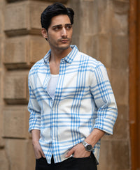 White & Royal Brushed Checks Shirt 100% Cotton