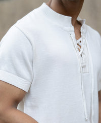 White Knitted Regular Fit Henley T-Shirt 100% Cotton