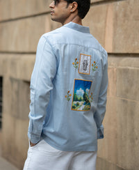 Blue Linen Blend Embroidered Shirt