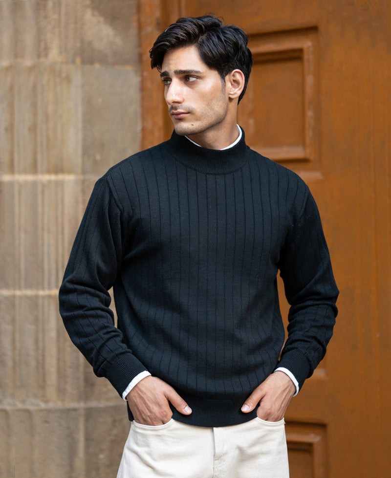 Black Structure Stripe High Neck T-Shirt