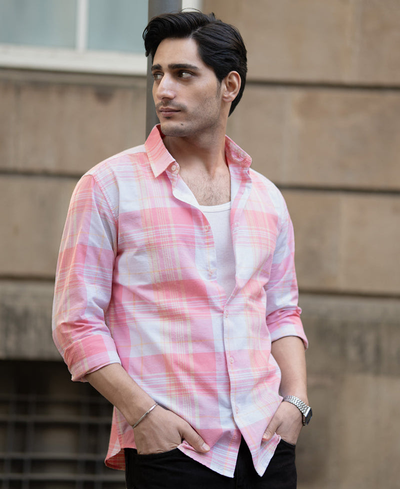 Peach Lightweight Summer Checks Shirt 100% Cotton