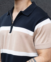 Navy & Beige Knit Stripe T-Shirt 100% Cotton