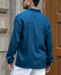 Blue Linen Blend Embroidery Shirt