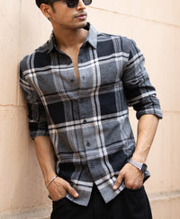 Grey & Black Macro Checks Shirt 100% Cotton