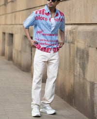 Blue Slogan Print Stripe Shirt 100% Cotton