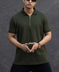 Dark Green Structured Half Sleeves Zipper T Shirt
