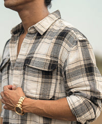 Cream Checked Structured Oversize Drop Shoulder Shirt