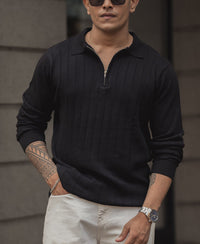 Black Knitted Regular Fit Full Sleeves T Shirt 100% Cotton