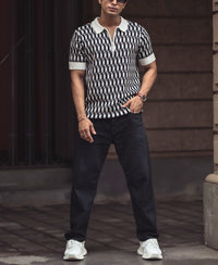 White and Black Knitted Regular Fit Half Sleeves Zipper T Shirt 100% Cotton