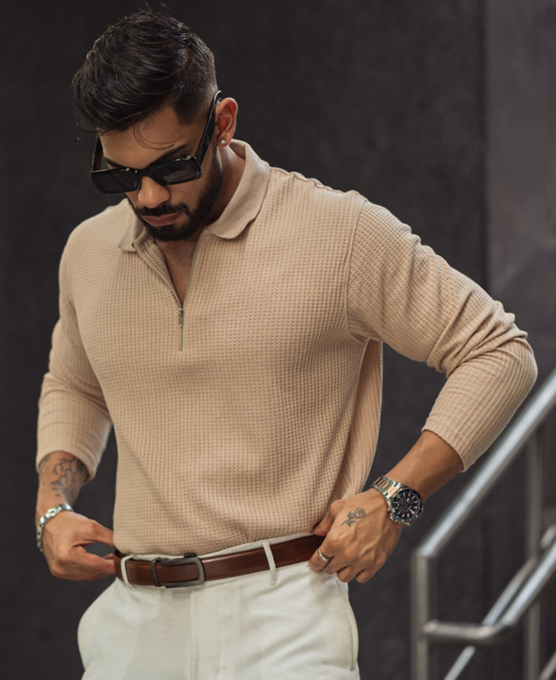 Light Fawn Waffle Design Regular Fit Full Sleeve T Shirt with Zipper