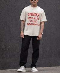 Cream Structured Printed Regular Fit Half Sleeves T-Shirt