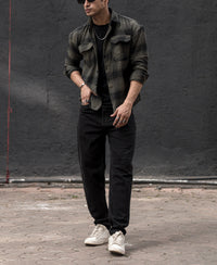 Olive Green Pocket Checked Oversize Drop Shoulder Shirt