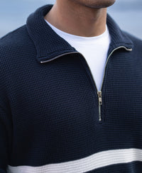 Navy Striped Zipper Neck T-Shirt 100% Cotton