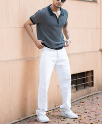 Black Jacquard Knit Polo T-Shirt 100% Cotton