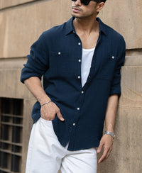 Navy Crinkled Shirt With Pockets 100% Cotton