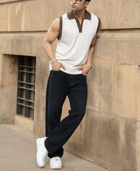 Cream Contrast Collar Knit Sando