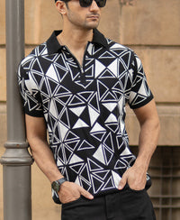 Black Geometric Knit Polo T-Shirt 100% Cotton