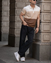 Earthy Stripe Zipper Polo T-Shirt 100% Cotton