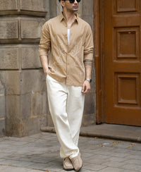 Beige Linen Blend Embroidery Shirt