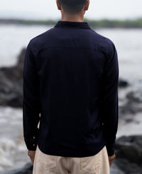 Navy Linen Blend Embroidery Shirt
