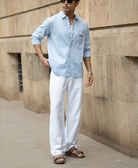Blue Linen Blend Embroidered Shirt