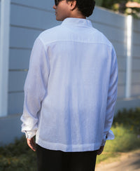 White Linen Blend Zipper Shirt