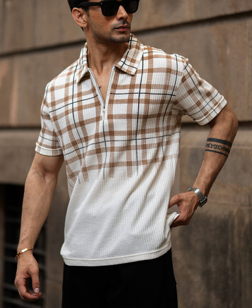 Beige Checks Print T-Shirt 100% Cotton