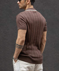 Brown Structured Knit Polo T-Shirt 100% Cotton