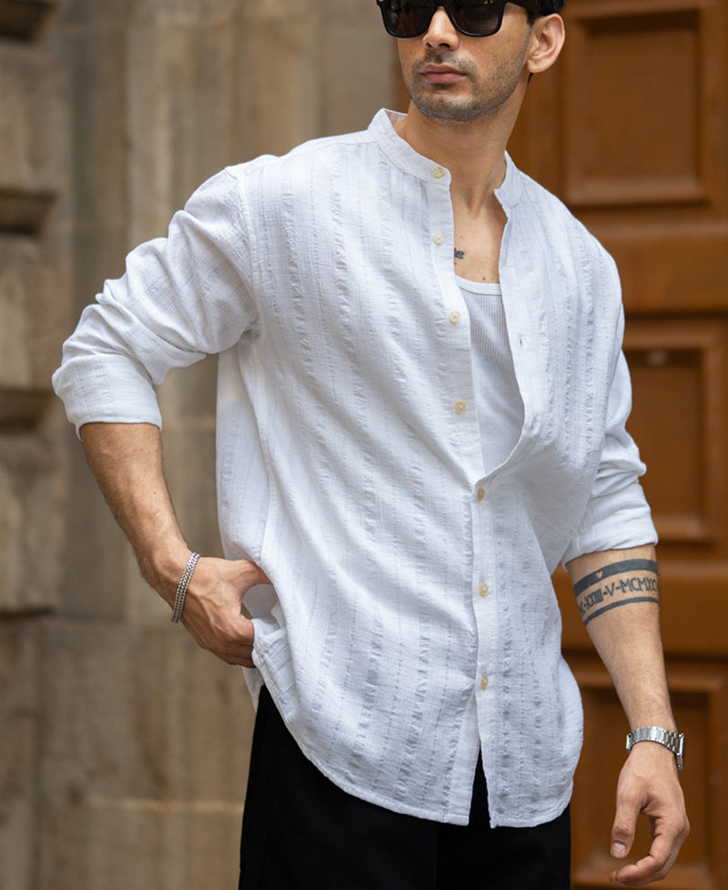 White Chinese Collar Structure Shirt