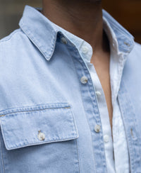 Blue Washed Denim Double Pocket Shirt 100% Cotton