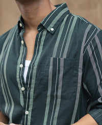 Dark Green Stripped Button Down Shirt 100% Cotton