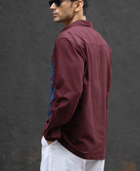 Wine Embroidered Linen Blend Shirt