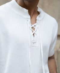 White Knitted Regular Fit Henley T-Shirt 100% Cotton