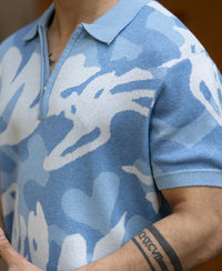 Blue Jacquard Knit T-Shirt 100% Cotton