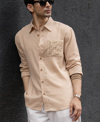 Beige Linen Crochet Patch Shirt