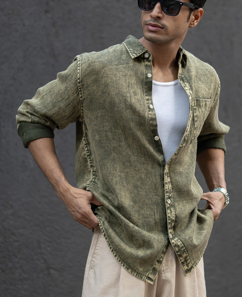 Olive Overdyed Lightweight Shirt 100% Cotton