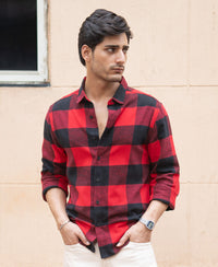 Bright Red Flannel Checks Shirt 100% Cotton