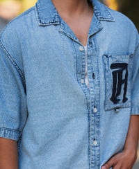 Blue Embroidered Denim Shirt 100% Cotton