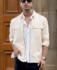 Light Beige Structured Zipper Overshirt 100% Cotton