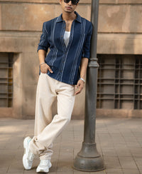 Navy Structured Striped Shirt 100% Cotton